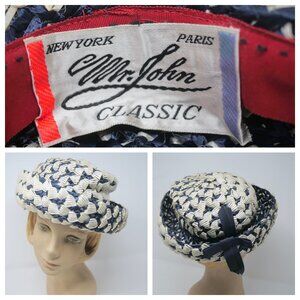 vtg MR JOHN Classic Blue White Raffia Woven Upturn Brim Mod Derby Church Hat EUC